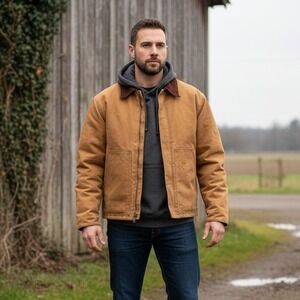 Vintage 80s Carhartt Muleskins XL $125 Tan Canvas Red Quilted Lining Work Jacket